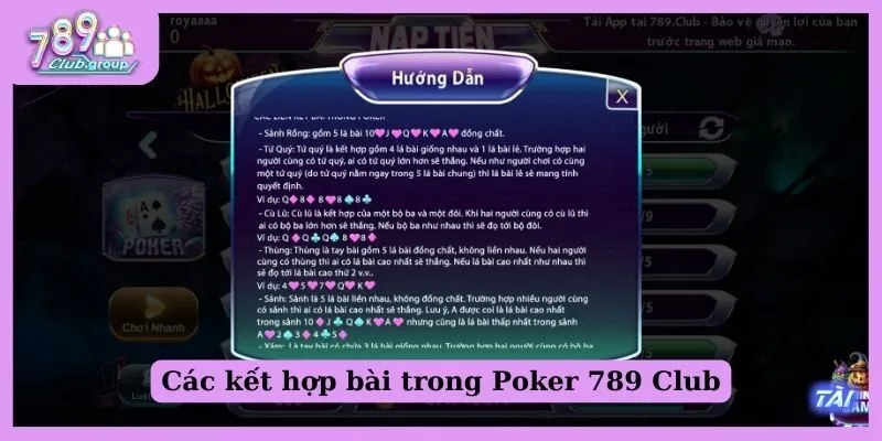 Tìm hiểu luật chơi và các hành động trong Poker 789 Club 1 Các kết hợp bài trong Poker 789 Club